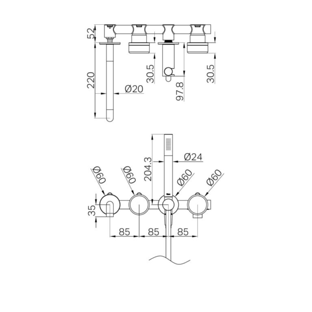 Built-in bath mixer Sorrento - Rome Travertine - Hand shower and spout - Without backplate - Brushed bronze