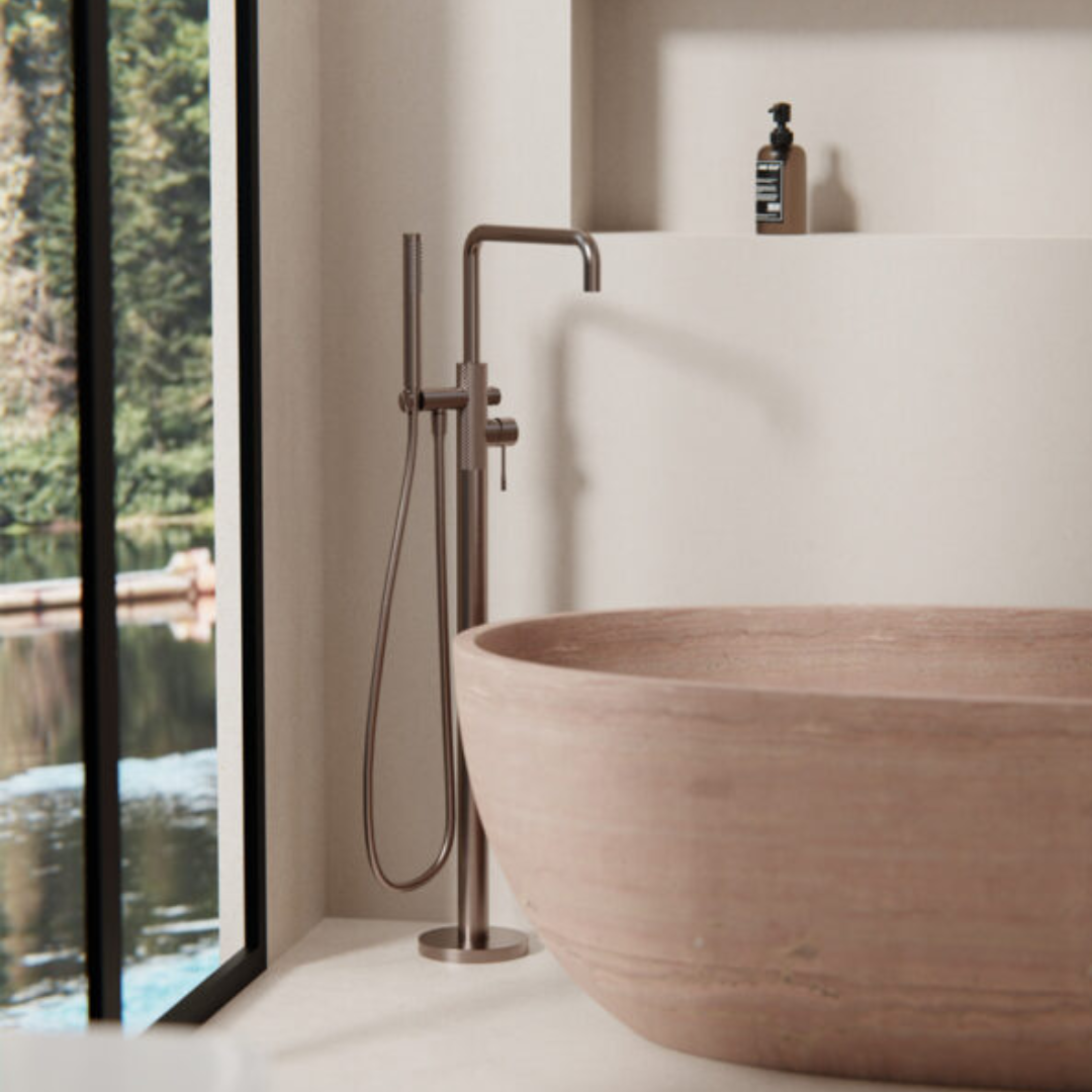 Freestanding bath mixer Valencia - Hand shower - Brushed gold