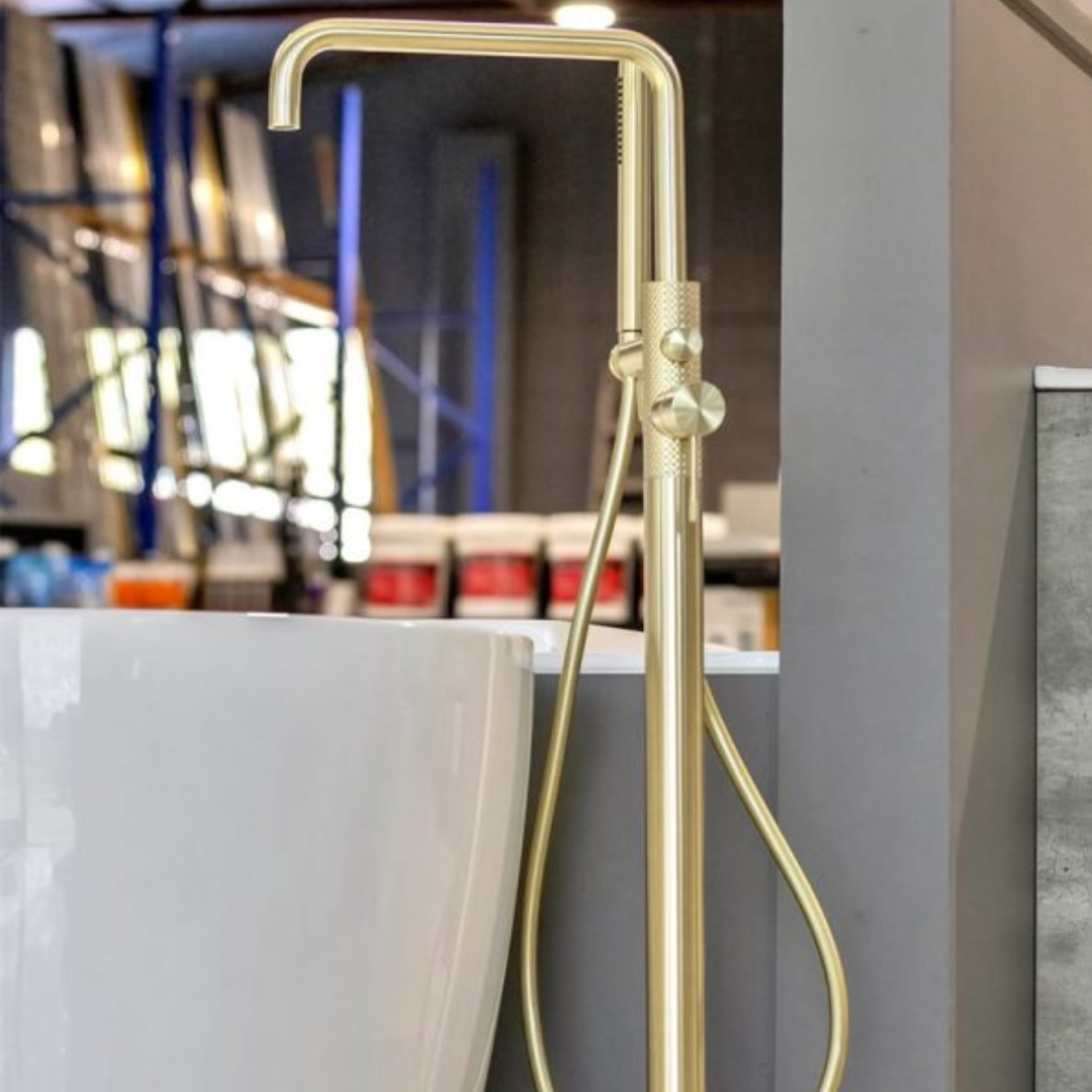 Freestanding bath mixer Valencia - Hand shower - Brushed gold
