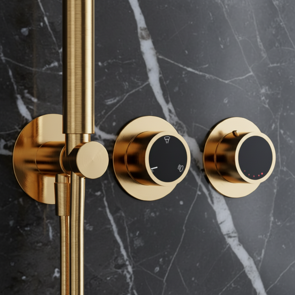 Thermostatic Built-in Rain Shower Set – Marino – Waterfall & Hand Shower – Digital Control – Brushed Gold