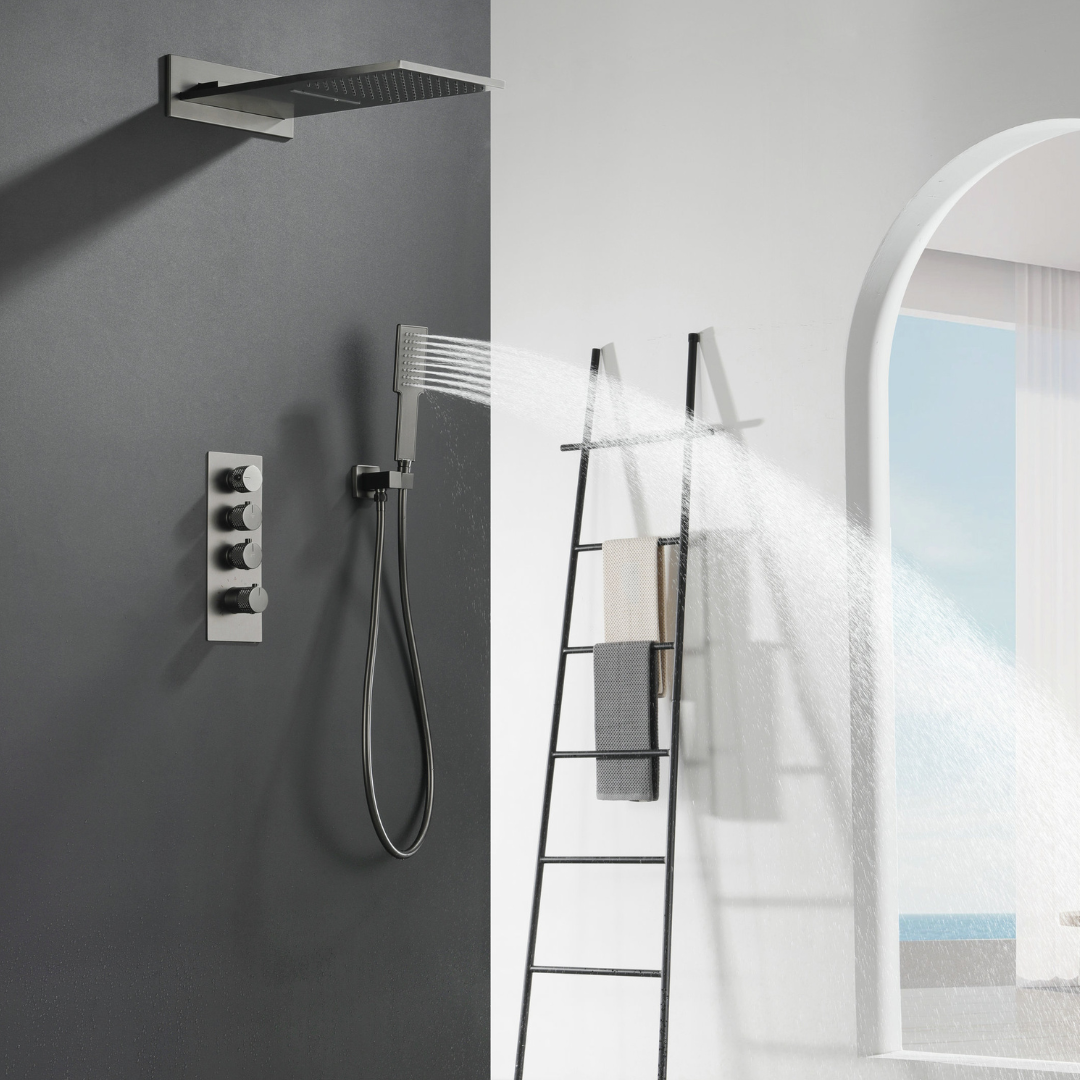 Thermostatic Built-in Rain Shower Set Isabella - Waterfall - Gunmetal grey