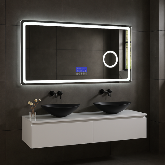 Custom LED Bathroom Mirror Lori – Bluetooth & Speakers – Digital Clock – Magnifying Mirror – Anti-condensation Heating