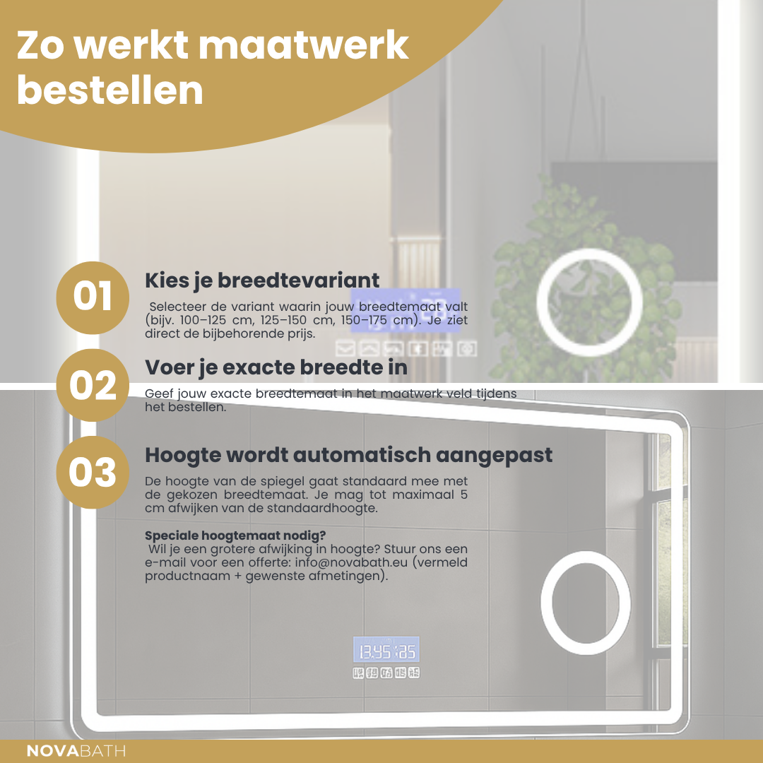 Maatwerk LED Badkamerspeil Lori – Bluetooth & Høyttalere – Digital klokke – Forstørrelsesspeil – Anti-kondens oppvarming