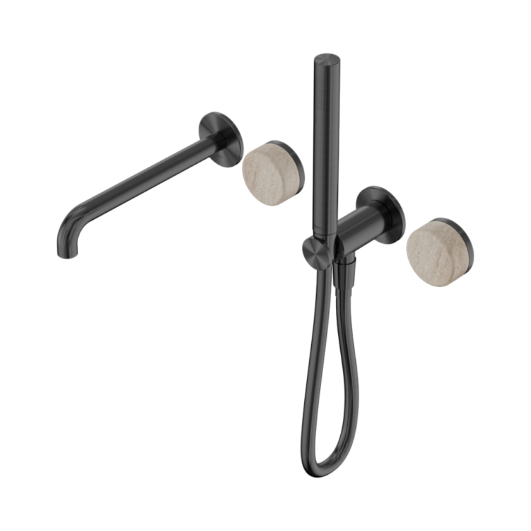 Inbouw badmengkraan Sorrento - Rome Travertine - Staafhanddouche en uitloop - Zonder achterplaat - Gun metal grey