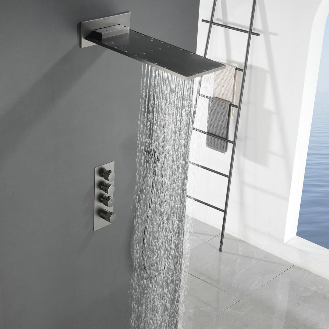 Thermostatic Built-in Rain Shower Set Isabella - Waterfall - Gunmetal grey