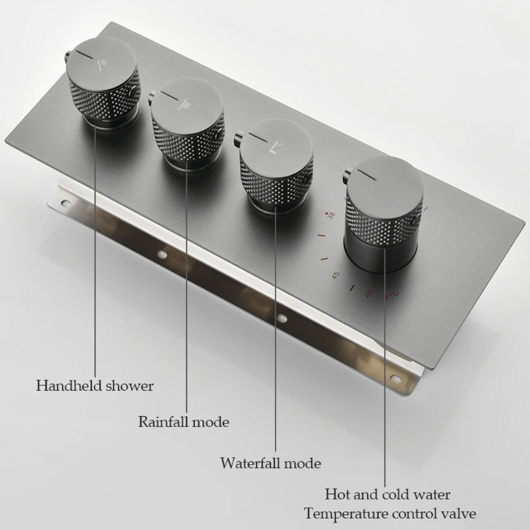 Thermostatic Built-in Rain Shower Set Isabella - Waterfall - Gunmetal grey
