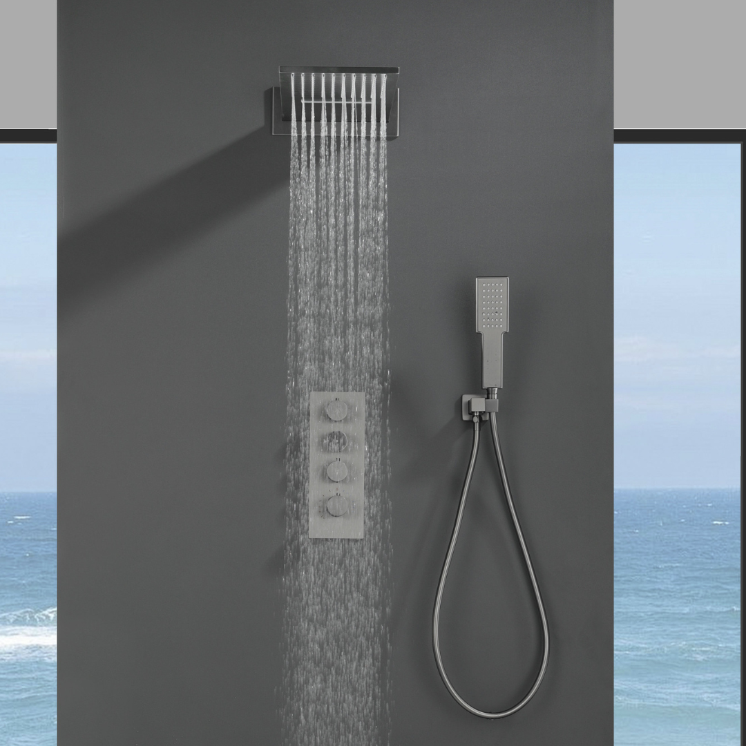 Thermostatic Built-in Rain Shower Set Isabella - Waterfall - Gunmetal grey