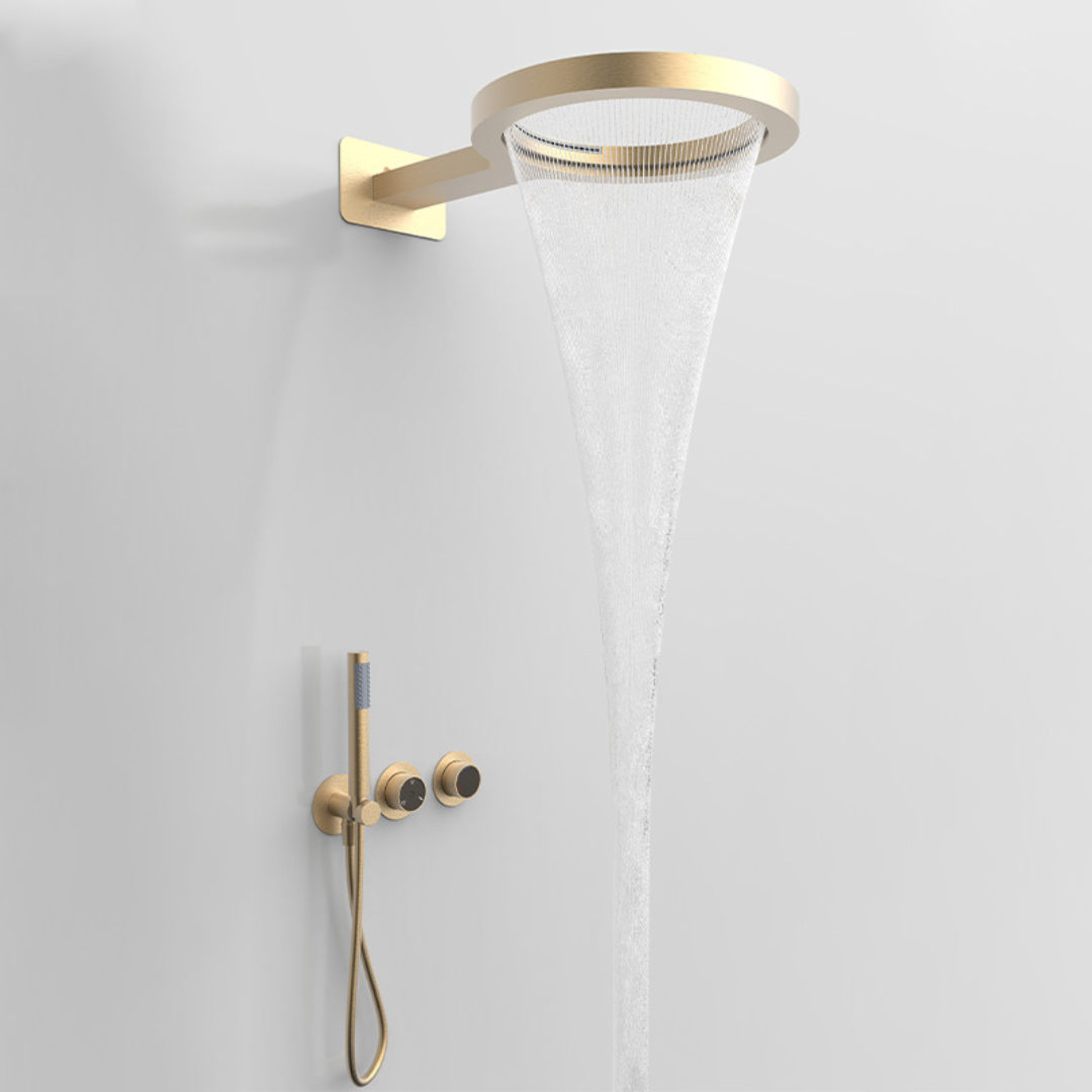 Thermostatic Built-in Rain Shower Set – Marino – Waterfall & Hand Shower – Digital Control – Brushed Gold