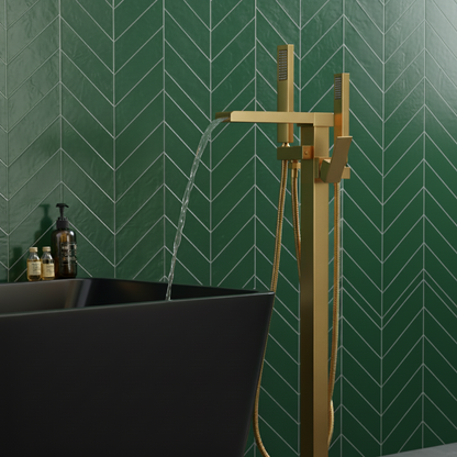 Freestanding Bath Faucet Lisandro – Waterfall Spout – Brushed Gold