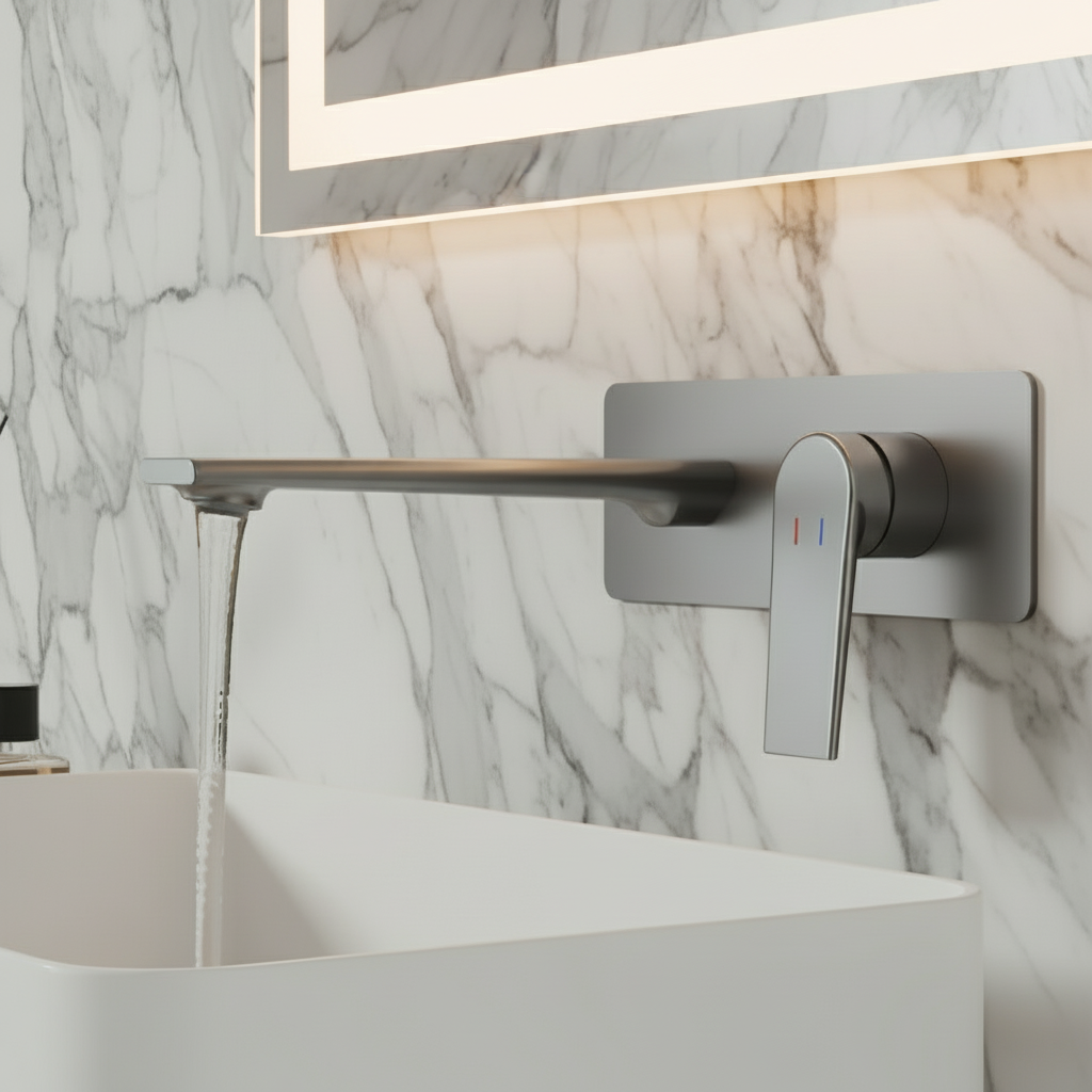 Freestanding Bath Faucet Lisandro – Waterfall Spout – Brushed nickel