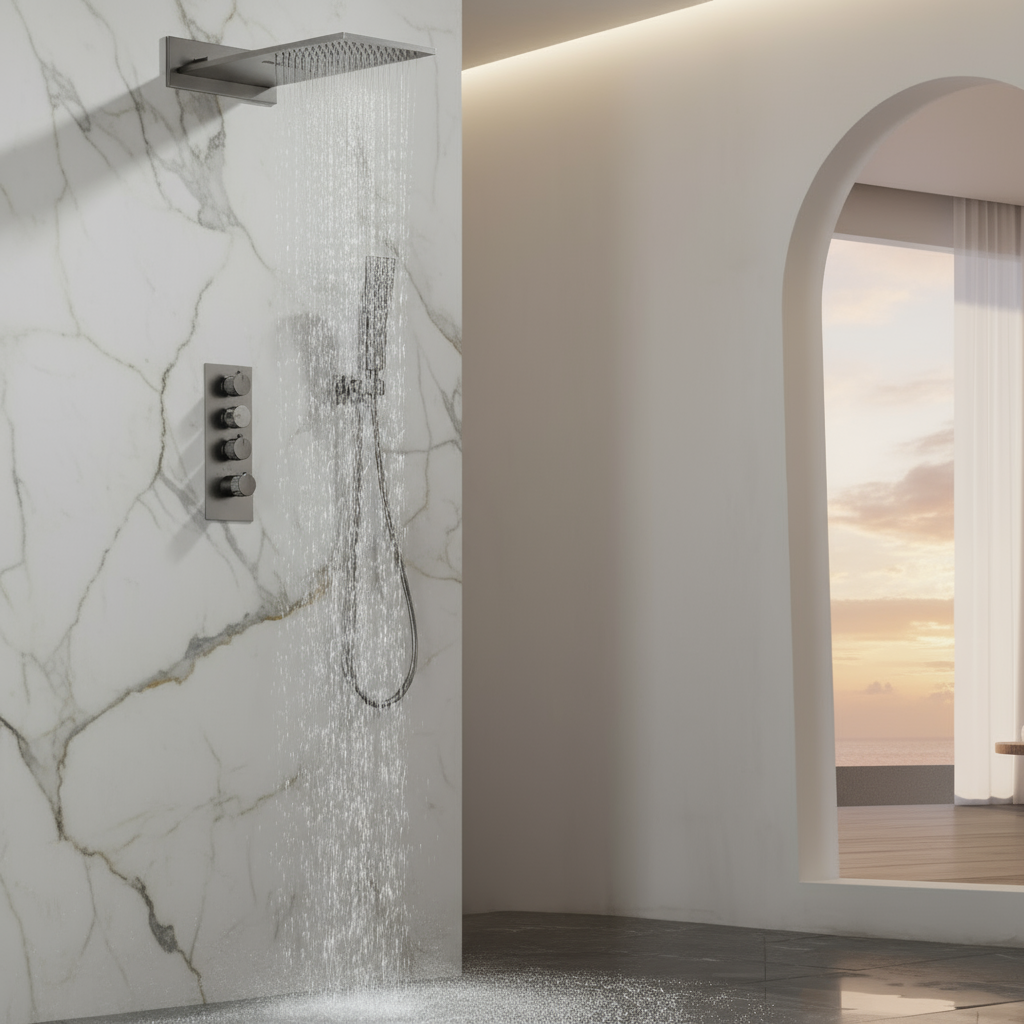 Thermostatic Built-in Rain Shower Set Isabella - Waterfall - Gunmetal grey