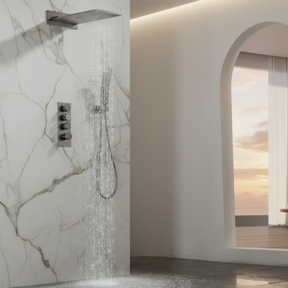 Thermostatic Built-in Rain Shower Set Isabella - Waterfall - Gunmetal grey