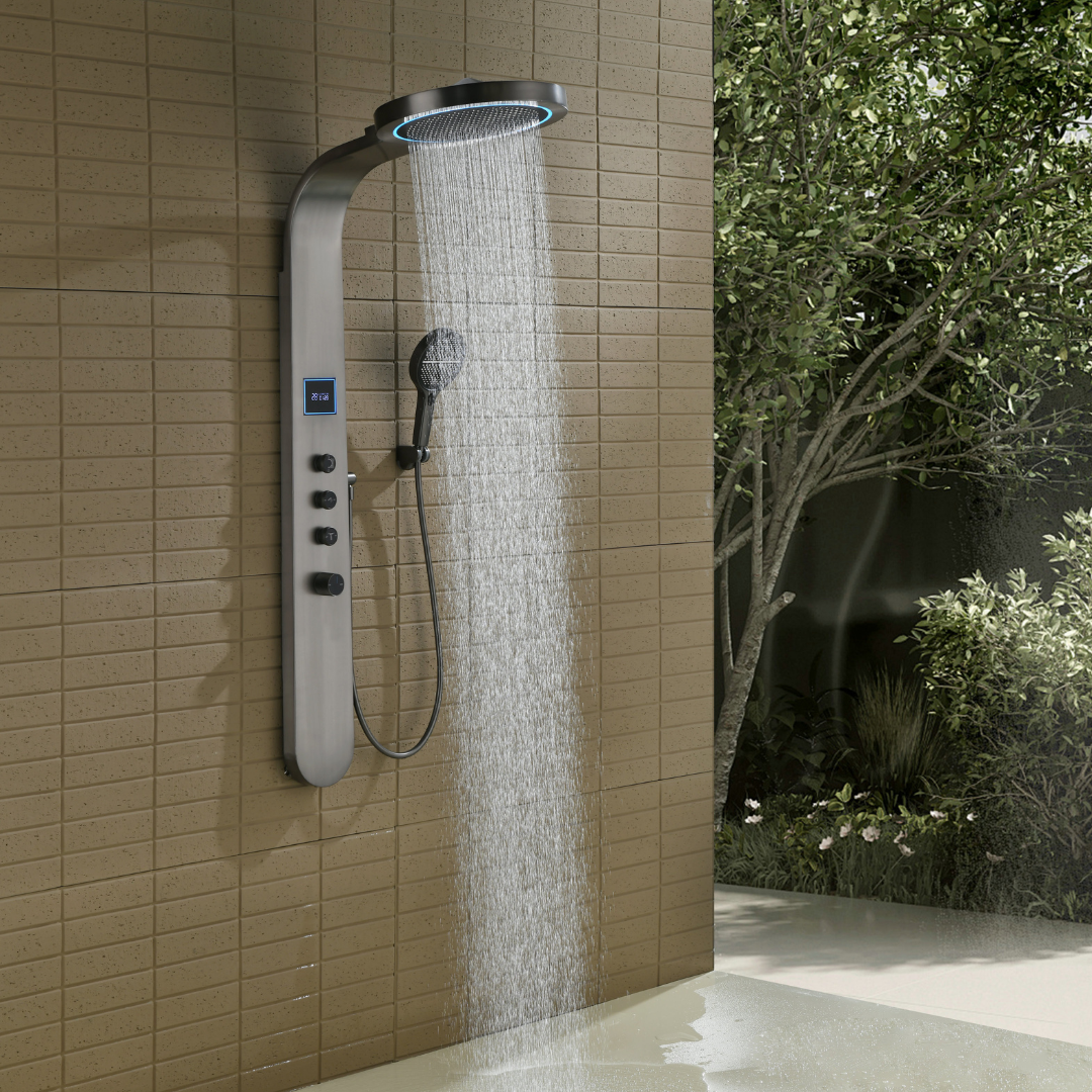 Freestanding Bath Faucet Lisandro – Waterfall Spout – Brushed nickel