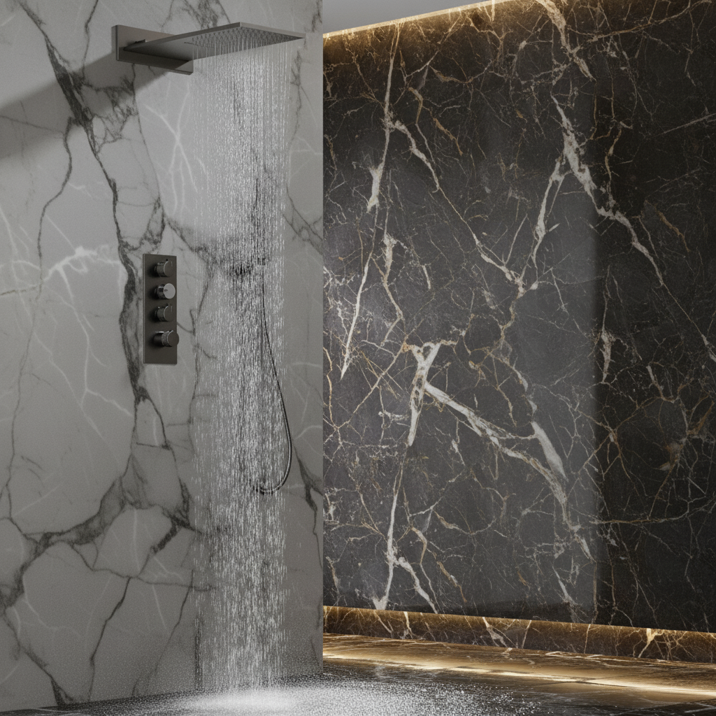 Thermostatic Built-in Rain Shower Set Isabella - Waterfall - Gunmetal grey