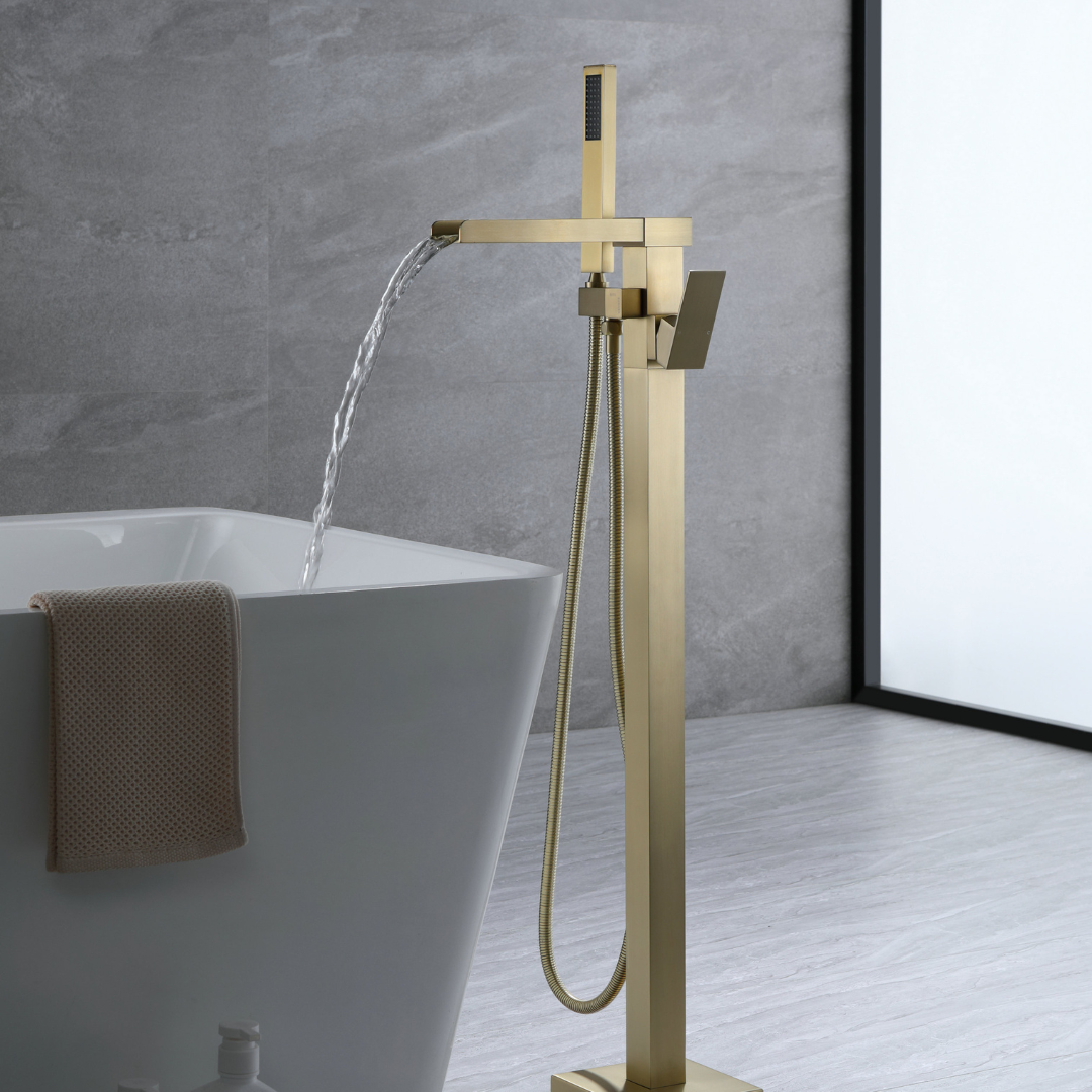 Freestanding Bath Faucet Lisandro – Waterfall Spout – Brushed Gold