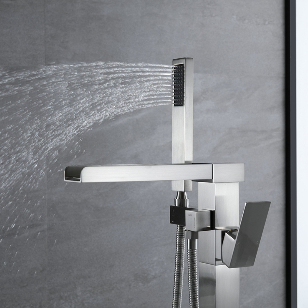 Freestanding Bath Faucet Lisandro – Waterfall Spout – Brushed nickel