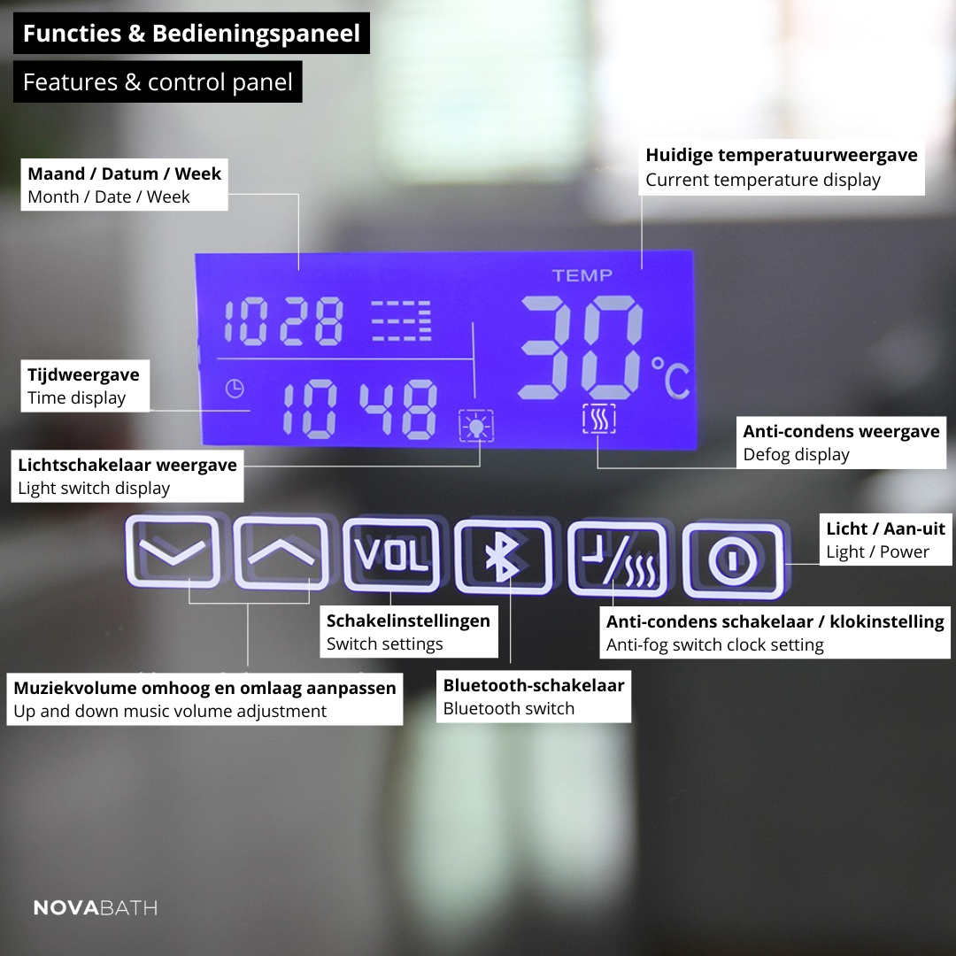 Maatwerk LED Badkamerspeil Lori – Bluetooth & Høyttalere – Digital klokke – Forstørrelsesspeil – Anti-kondens oppvarming