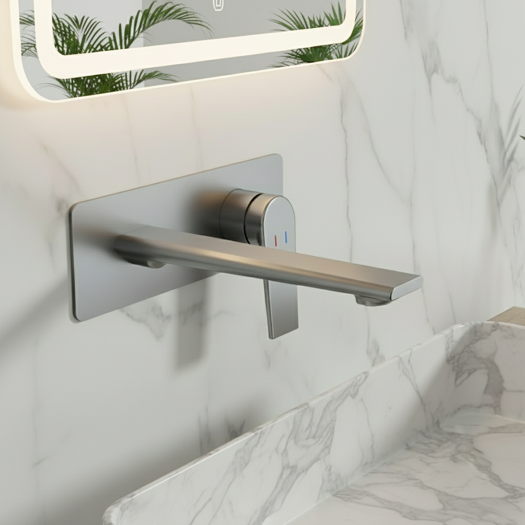 Freestanding Bath Faucet Lisandro – Waterfall Spout – Brushed nickel