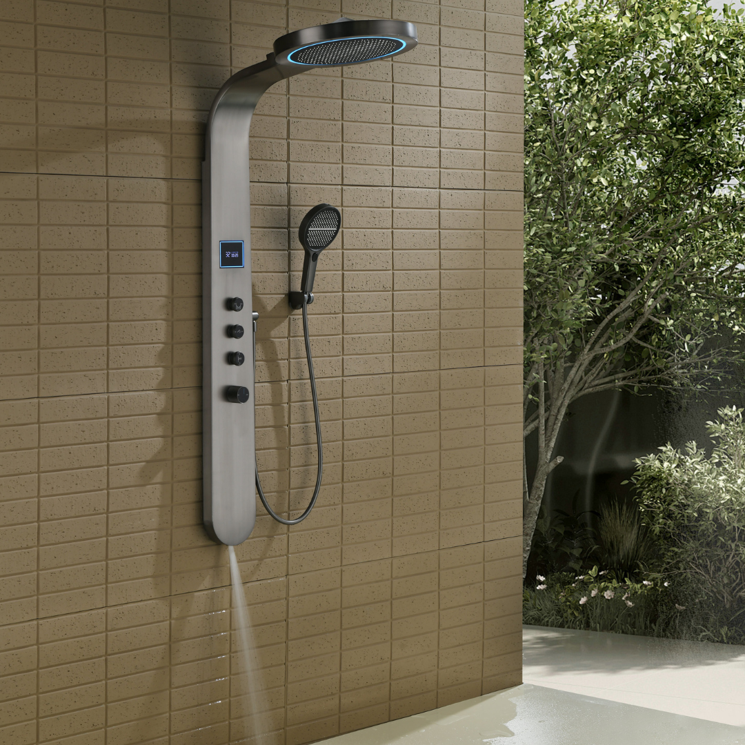 Freestanding Bath Faucet Lisandro – Waterfall Spout – Brushed nickel