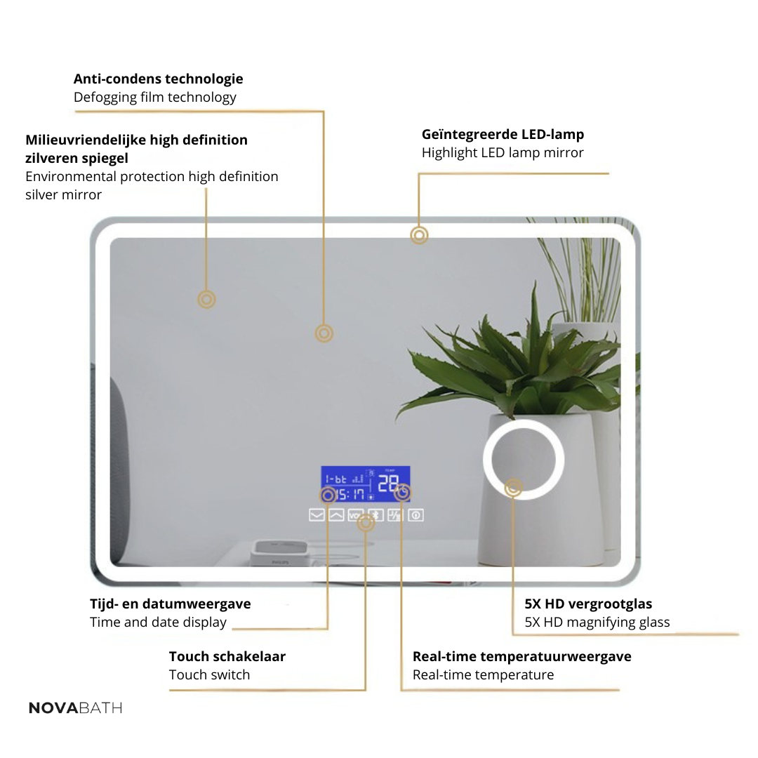 Maatwerk LED Badkamerspeil Lori – Bluetooth & Høyttalere – Digital klokke – Forstørrelsesspeil – Anti-kondens oppvarming