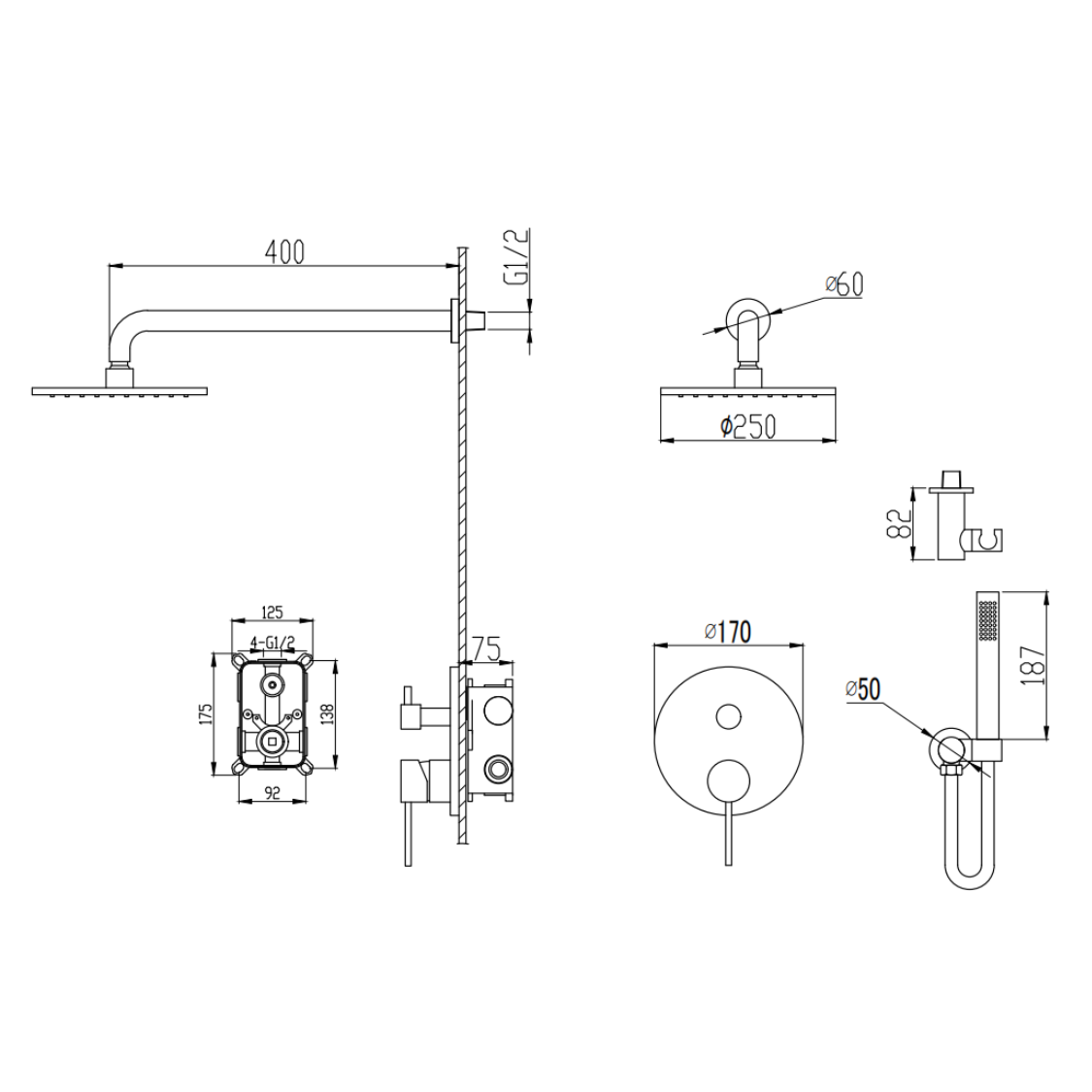 Inbouw Regendoucheset Angelica – Staafhanddouche – Gunmetal grey