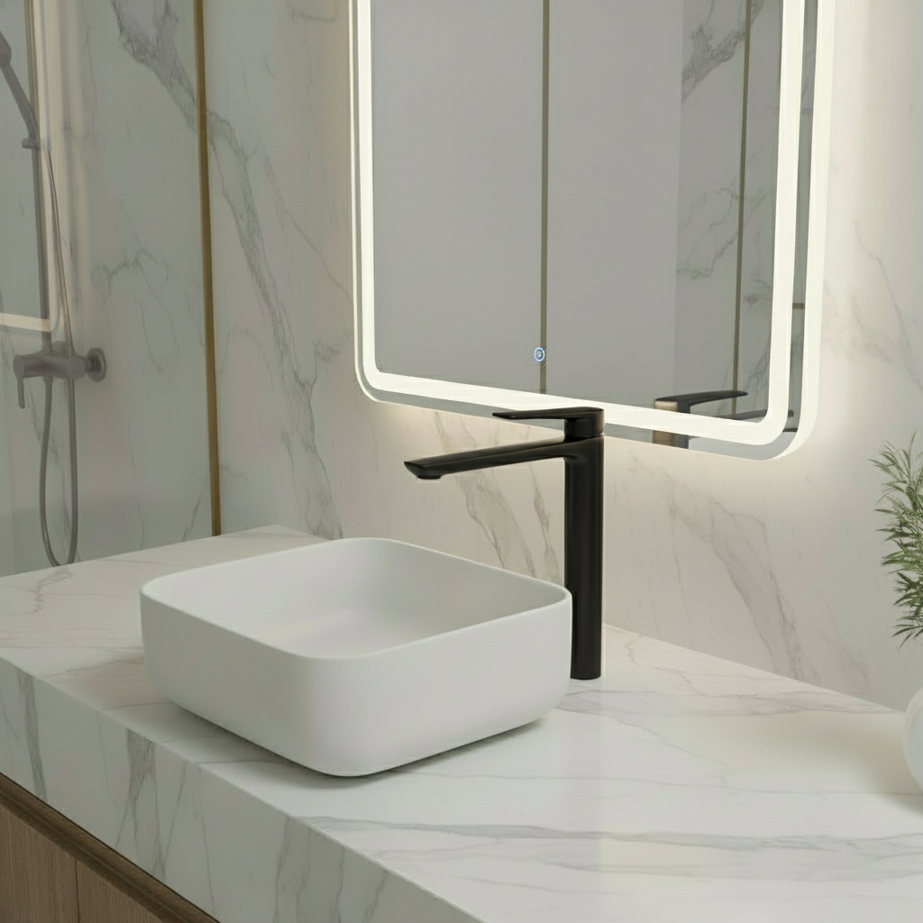 Freestanding Bath Faucet Lisandro – Waterfall Spout – Brushed nickel