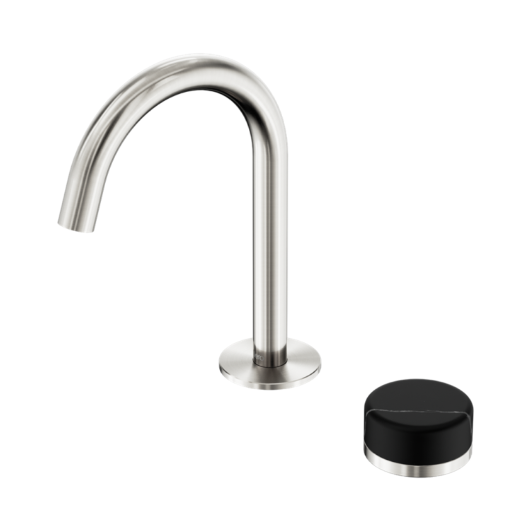 Inbouw Wastafelkraan Sorrento – Marquina Black - 2-Gats - Gebogen (arc) uitloop - Brushed nickel