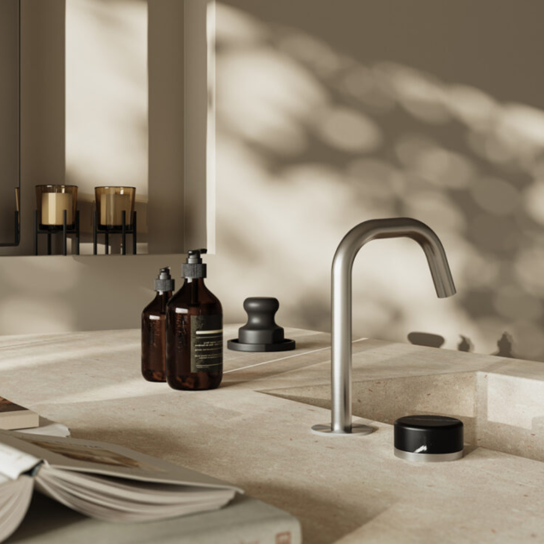 Inbouw Wastafelkraan Sorrento – Marquina Black – 2-Gats – Rechte (edge) uitloop – Gun metal grey