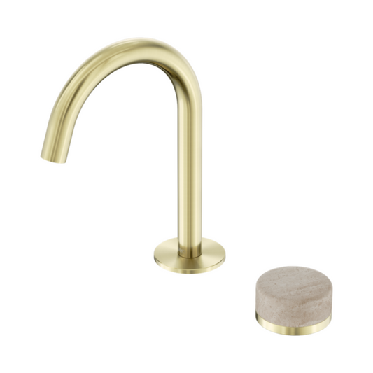 Inbouw Wastafelkraan Sorrento – Rome Travertine - 2-Gats - Gebogen (arc) uitloop - Brushed gold