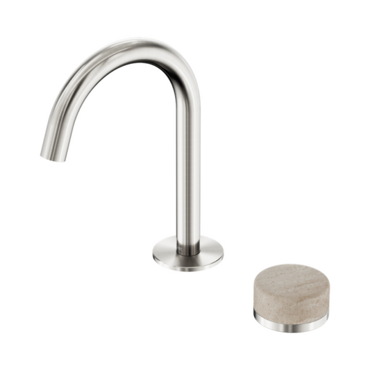 Inbouw Wastafelkraan Sorrento – Rome Travertine - 2-Gats - Gebogen (arc) uitloop - Brushed nickel
